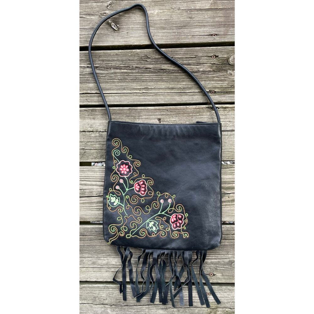 Black Fringe Leather Embroidered Flower Crossbody Purse Bag